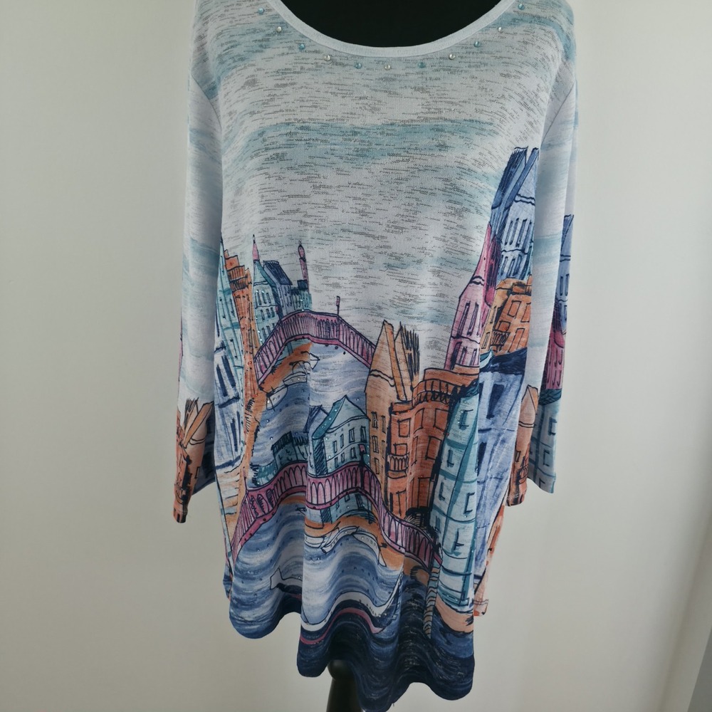 Vintage Alfred Dunner Scenic European City Knit Top Rhinestone Neck Bridge Sz M